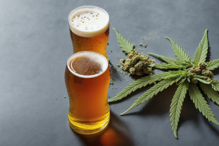 Glass of beer with cannabis leaf on dark background. Close up.の素材