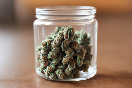 cannabis buds in a glass jar on a wooden background.の素材
