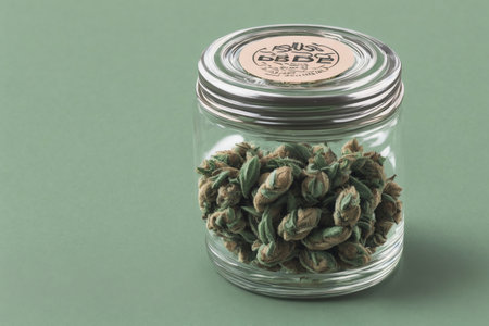 Cannabis buds in a glass jar on a green background.の素材