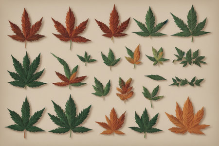 Cannabis leaf pattern set on vintage paper background. Vector illustration.の素材