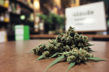 Cannabis buds on table in restaurant. Blurred background.の素材