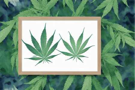 Cannabis leaves in a frame on a watercolor background.の素材