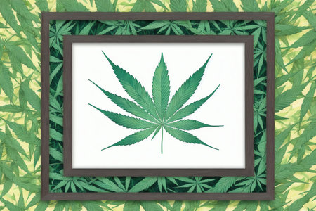 Cannabis leaf with frame on green leaves background. Marijuana legalization concept.の素材