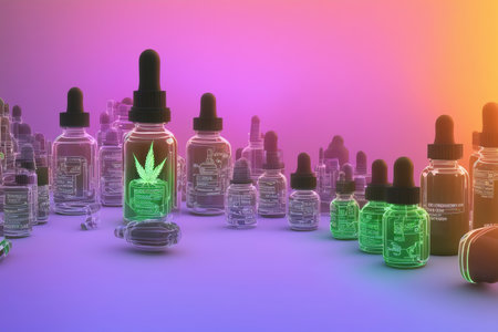 Cannabis oil in glass bottles on a colorful background. 3d illustrationの素材