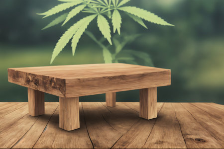 Wooden table with cannabis leaf on nature background. Cannabis concept.の素材