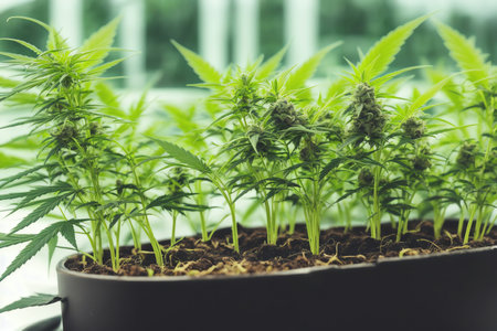 Cannabis seedling. Growing cannabis indica. Indoor cultivation. Marijuana business. Cannabis growing operation.の素材