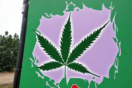 Cannabis leaf on the road sign, closeup of photoの素材