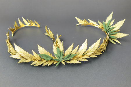Cannabis leaf and gold crown on grey background. Cannabis leaf and gold crown.の素材