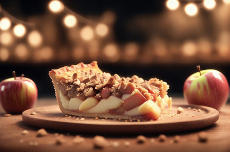 Apple pie on a wooden table with bokeh lights in the backgroundの素材