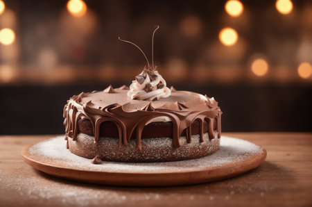 Chocolate cake on wooden table against blurred lights on background, closeupの素材