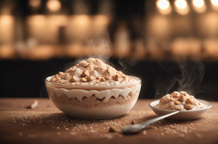 Delicious tiramisu in bowl on wooden table, closeupの素材