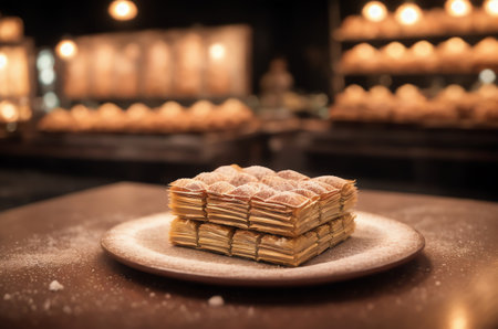 Belgian waffles with powdered sugar on a wooden table in a restaurantの素材