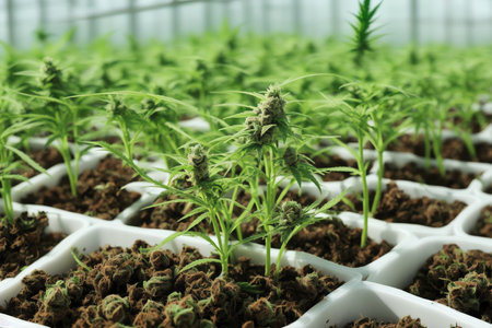 Cannabis seedlings growing in a greenhouse. Cultivation of cannabis.の素材