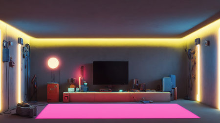 3d Illustration Of A Futuristic Concrete Basement With Empty Neon Lights. Generative AIの素材