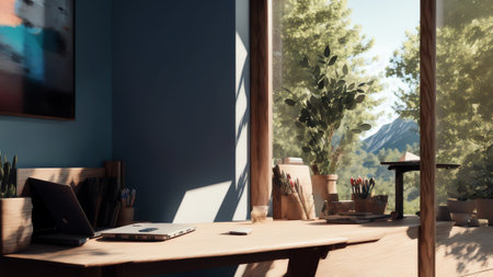 3d Rendering Of A Wooden Desk Showcasing Startup Concept With Rocket And Laptop. Generative AIの素材