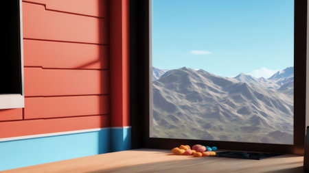 Modern Kitchen With Wooden Table Top Against A Blurred Background. Generative AIの素材