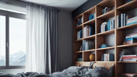 A 3d Rendering Of A Scandinavian Bedroom Includes A Wooden Stool. Floor Lamp. Rattan Ceiling Lamp. And Plenty Of Books. All Against A Grey Backdrop. Generative AIの素材