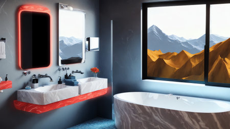 Grey Marble Bathroom With Double Vanity. Freestanding Tub. And Led Lighting. Generative AIの素材