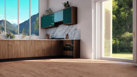 A Modern Kitchen Has A Wooden Floor And A Clean Marble Counter In Light Brown And Gold Hues With Accents Of Light Green. Generative AIの素材