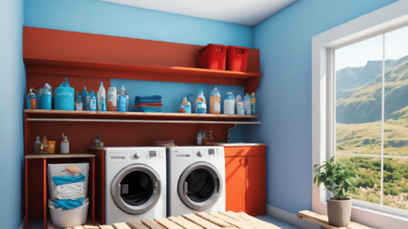 Minimal Laundry Room With Wood Shelf And Plant Rendered In 3d. Generative AIの素材