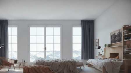 This Sunny Scandinavian Apartment Offers A Warm And Inviting Living Space With A Harmonious Blend Of Plaster And Wood Elements In A Modern Japanese-Style Interior Design. Generative AIの素材