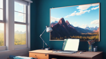 Scandiboho Style Poster Mock Up In A Home Office With A 3d Rendered Interior Background. Generative AIの素材