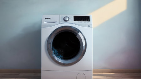 Laundry Room With White Walls Features A Modern Washing Machine And Hygienic Wash Basin. Generative AIの素材