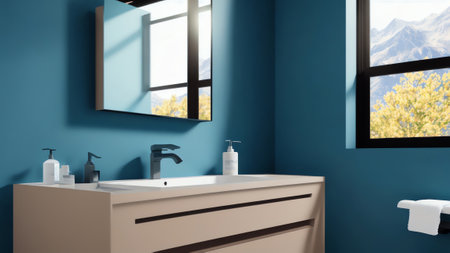 Luxurious Bathroom Vanity With A White Quartz Countertop And Rectangular Washbasin. Illuminated By Sunlight Through A Window With Leaf Shadows On A Beige Wall. Generative AIの素材