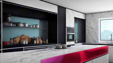 Blurred. Modern White Kitchen With An Elegant White Marble Tabletop And Empty Space. Generative AIの素材
