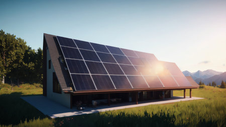 A Modern Home With Solar Panels On The Roof. Generative AIの素材