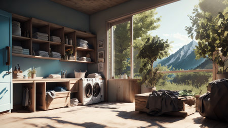 Wooden White Laundry Closet. Generative AIの素材
