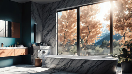 Contemporary Designer Bathroom With A Freestanding Tub. Natural Light. And White Marble. Generative AIの素材