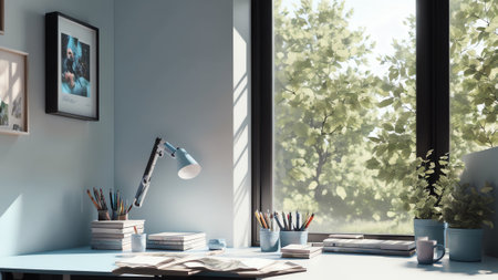 Minimal Pastel Blue Monochrome Desk Concept For Study And Workspace With Mockup Template In 3d Rendering. Generative AIの素材