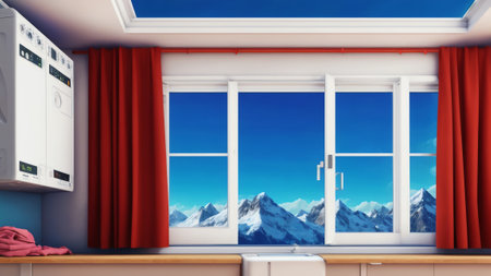 Bright Laundry With Washing Machines And Panoramic Window. Generative AIの素材