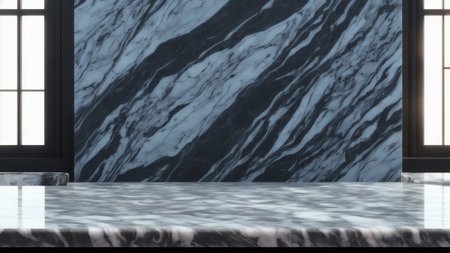 Product Displayed On Empty Grey Marble Tabletop Against Dark Stone Background. Generative AIの素材
