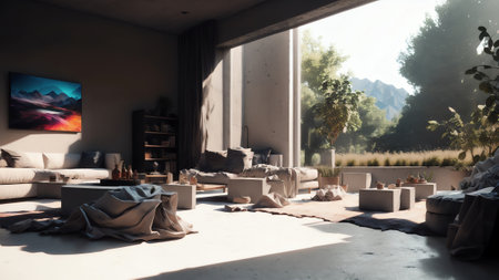 3d Rendering Of Abstract Exhibition Hall With Perspective View Of A White Blank Screen For Advertising Or Campaign On A Concrete Floor Background. Generative AIの素材