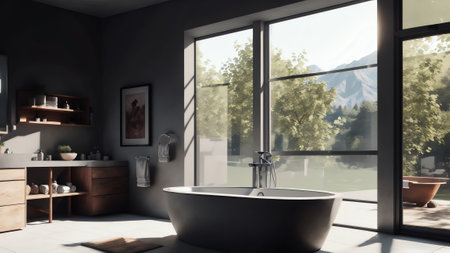 The 3d Render Of The Contemporary Loft Bathroom Features Concrete Tile Flooring. White Walls. A Wood Plank Ceiling. And Large Windows Overlooking A Natural View. Generative AIの素材