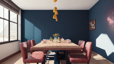 3d Render Of A Modern Dark Blue Dining Room With Wooden Table. Brown Leather Chairs And Decor. Generative AIの素材