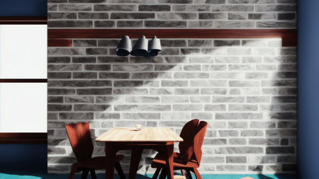 A Minimalist Dining Set Made Of Wood And Accompanied By Matching Chairs Stands Against A White Brick Wall. Generative AIの素材