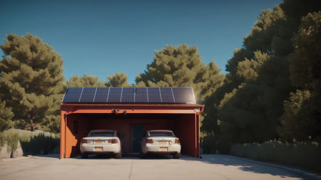 Solar Carport With House Technology Cut. Generative AIの素材