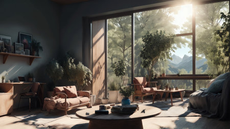 In A Modern Minimalist Living Room. There Is A Wooden Study Table Adorned With A Decorative Plant. Generative AIの素材