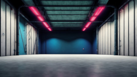 A Modern 3d Rendering Of An Empty Industrial Hangar Garage With A Dark Blue Glow From Large Spotlights And Columns On A Concrete Floor. Generative AIの素材