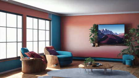 In A Modern Minimalist Living Room. There Is A Wooden Study Table Adorned With A Decorative Plant. Generative AIの素材