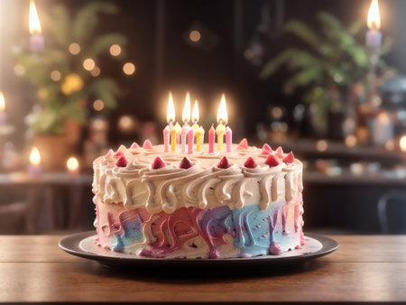 Birthday Cake With Candles. Watercolour. Generative AIの素材