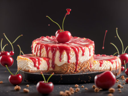 Cherry Cheesecake On A Black Background With Reflection. Generative AIの素材