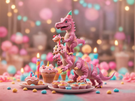 Cartoon Dinosaur With Birthday Cake On A Girly Pink Backdrop. Generative AIの素材