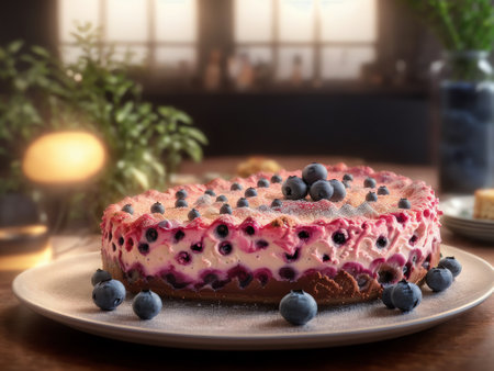 Blueberry Cheesecake On A Plate With Blueberries On The Plate. Cuisine. Generative AIの素材