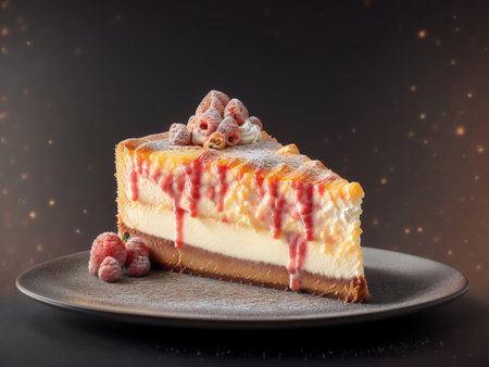 Delicious Cheesecake On Black Plate On Black Background. Toned. Generative AIの素材