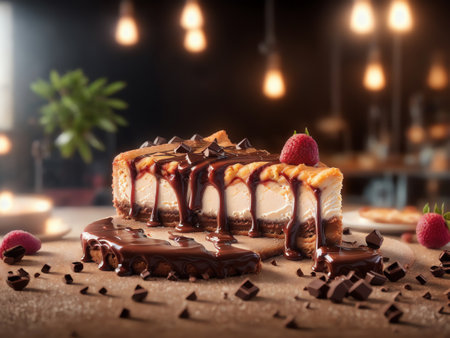 A Slice Of Cheesecake With Chocolate Sauce And Coffee. Generative AIの素材