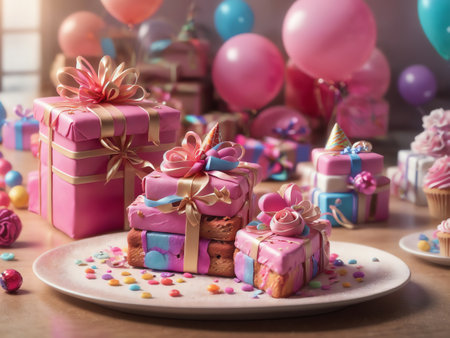 Gift Box With Birthday Cake And Decorations. Colorful Birthday Party Poster. 3d Rendering. Generative AIの素材